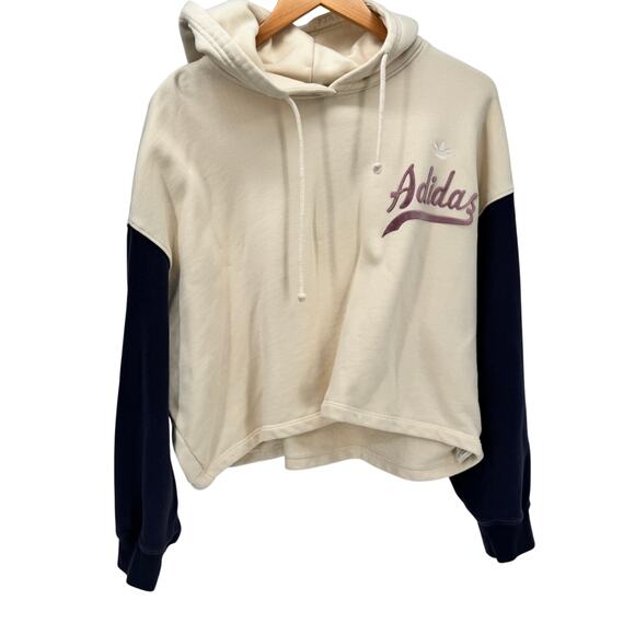 adidas Originals Hoodie Womens Large Cropped Pullover Cream Blue Logo Hit - Picture 1 of 8